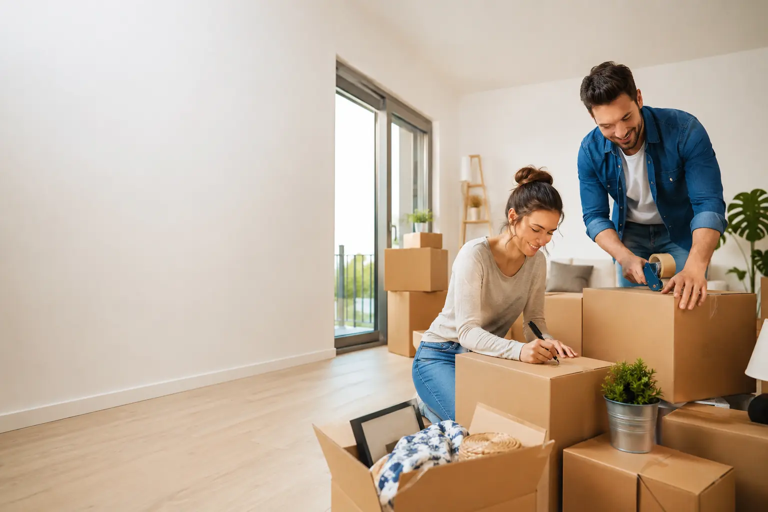Couple préparant son déménagement dans un appartement lumineux avec des cartons de déménagement soigneusement organisés.